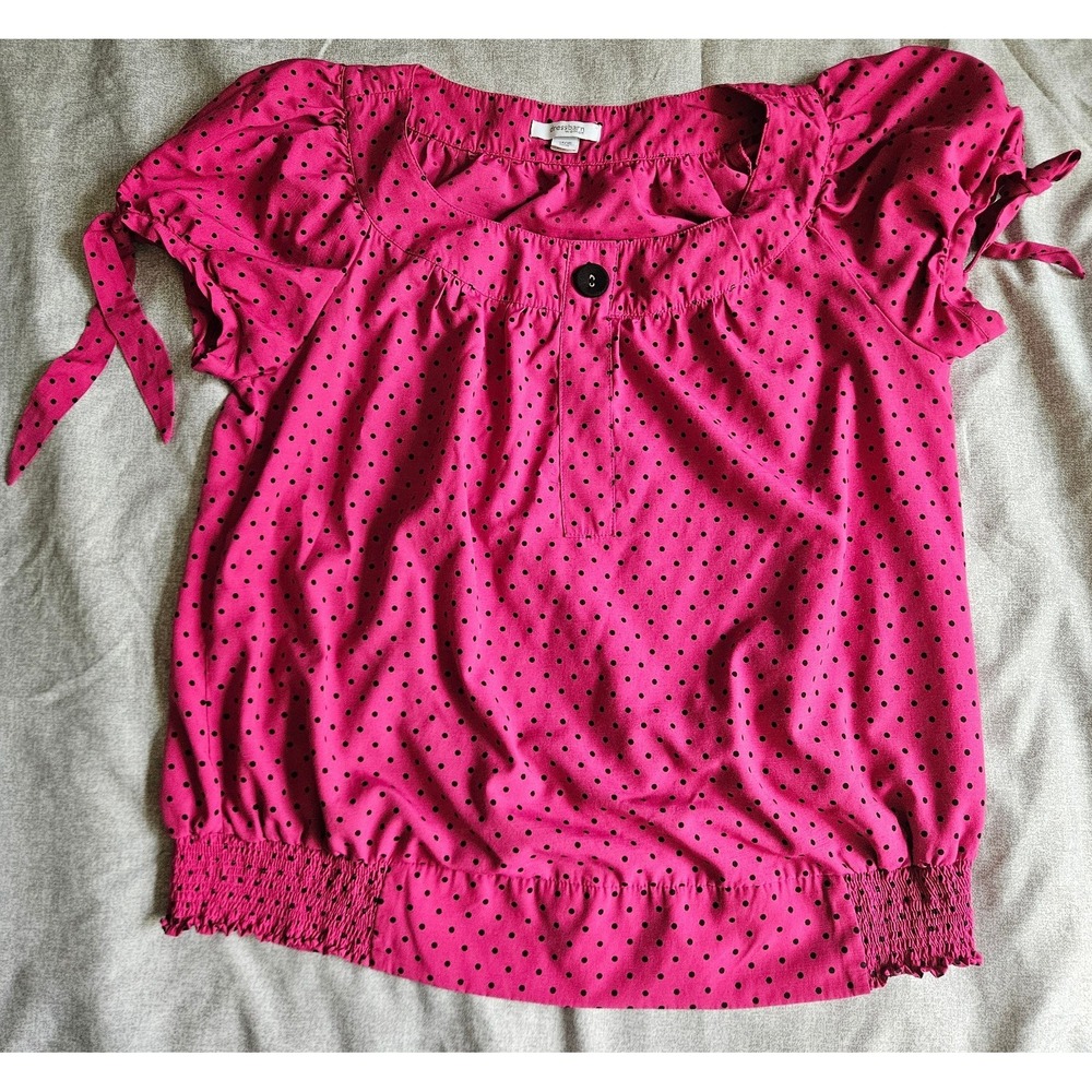 Dressbarn Woman Pink Black Polka Dot Blouse Size 14/16 Short Sleeve Top